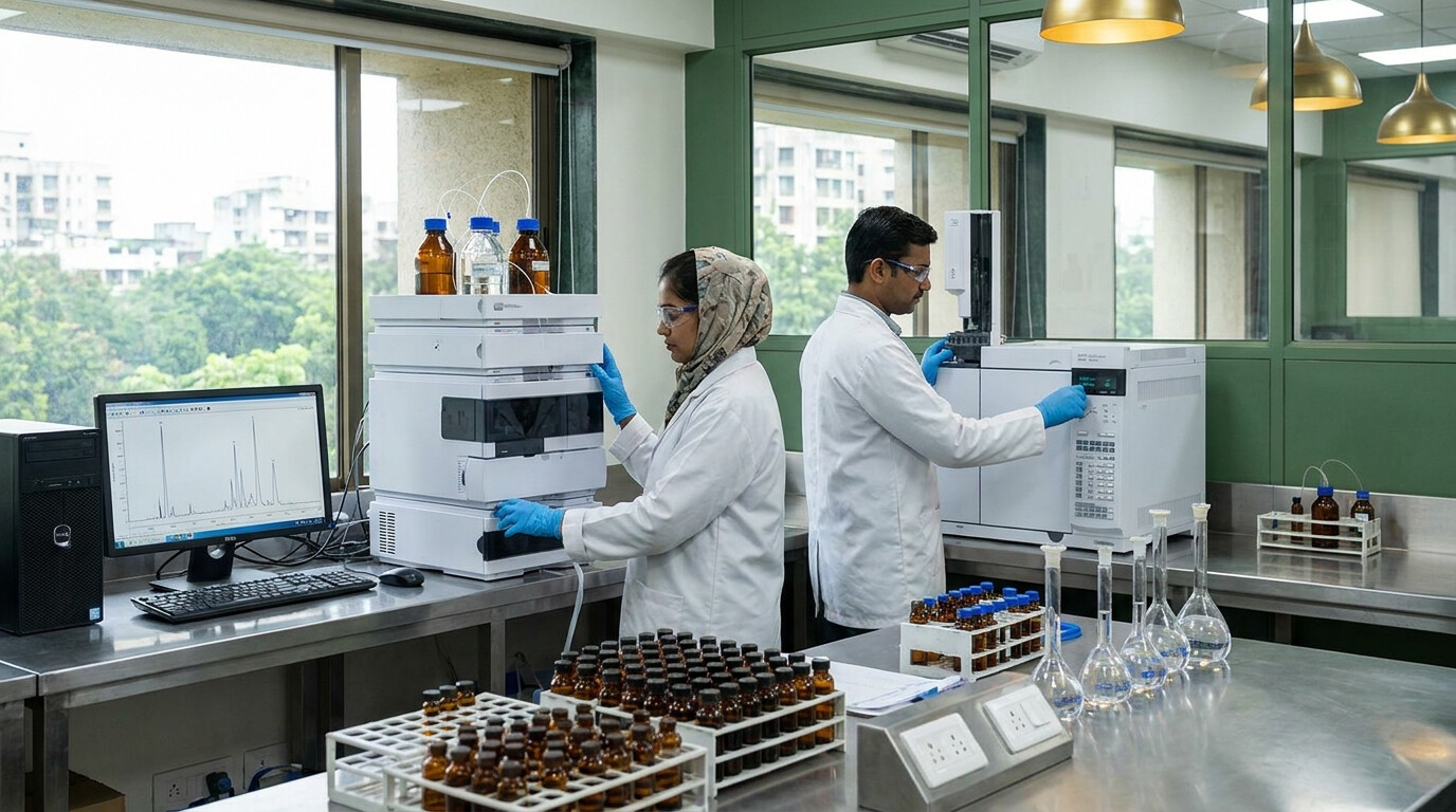 Analytical QC laboratory with HPLC and GC instruments operated by chemists at Central Trade Agency, India