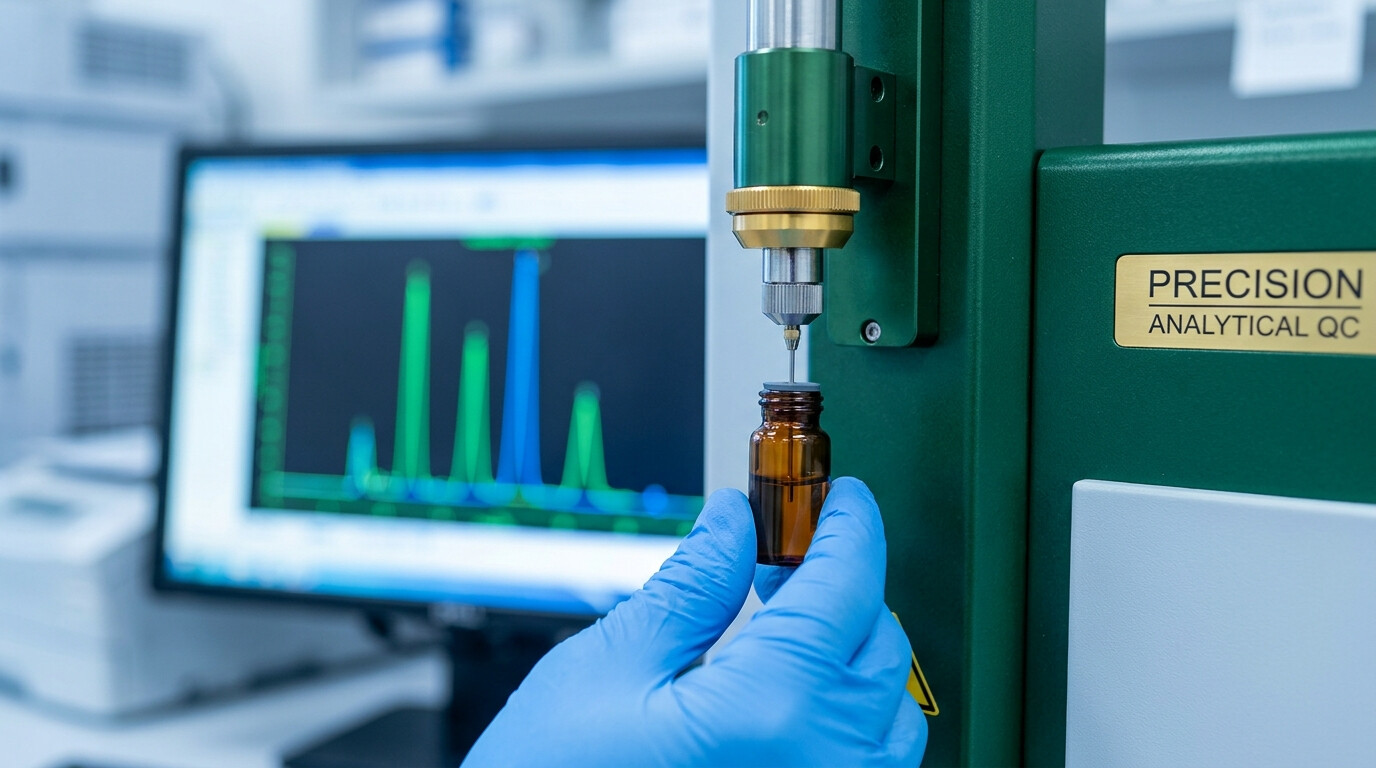 HPLC autosampler injecting an amber sample vial with a chromatogram displayed