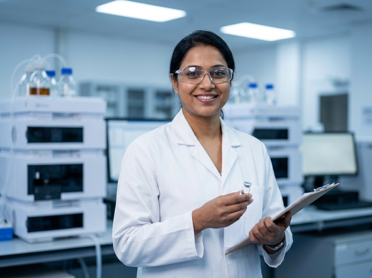 Uniformed QC chemist reviewing a sample in the analytical laboratory